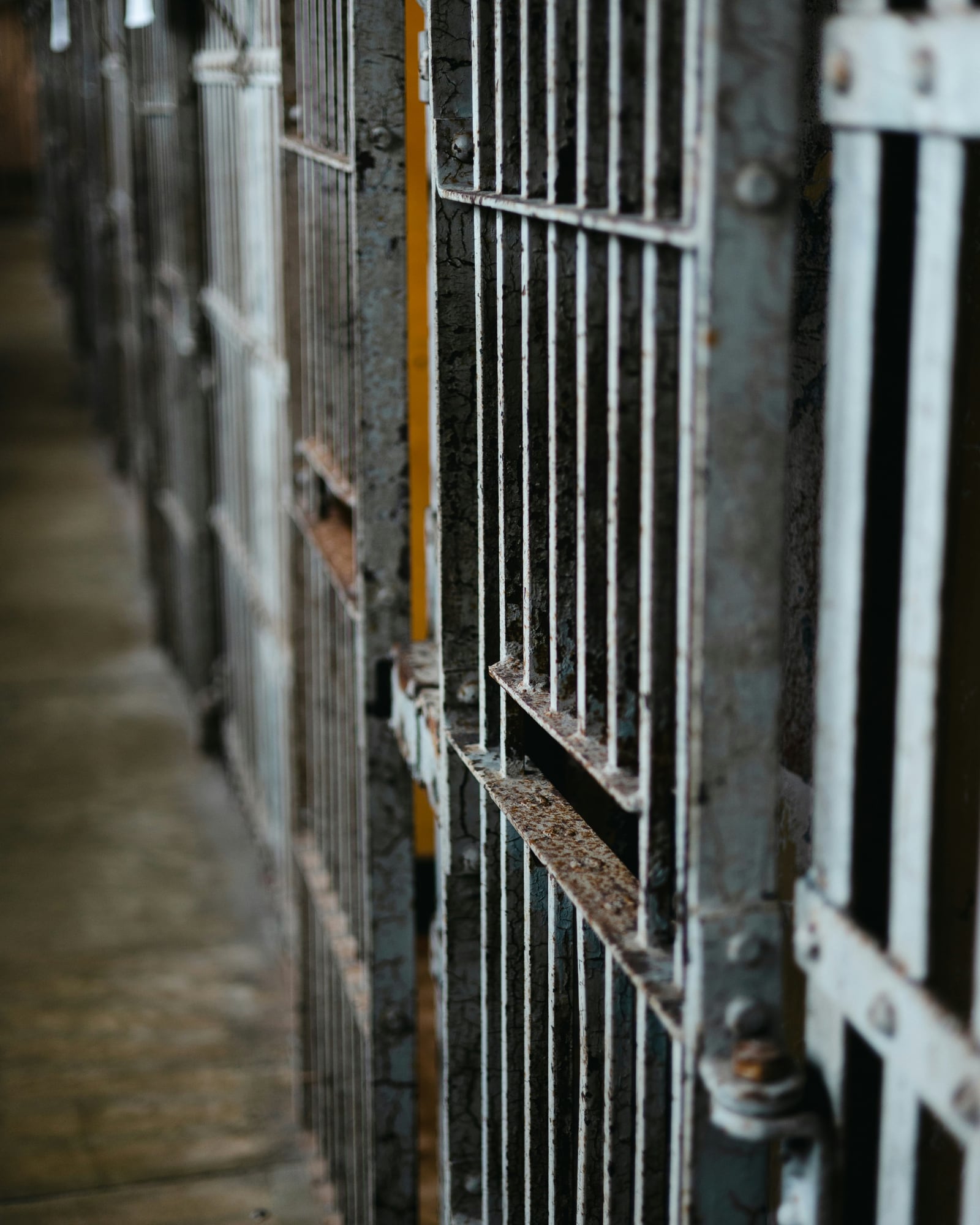 An empty cell block corridor, rows of barred doors receding into the distance